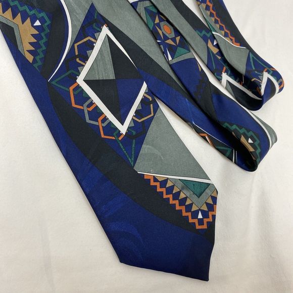 Dimoda Men's Necktie Navy Blue Abstract Pattern Green Orange Black Silk Tie 55” - Picture 2 of 7